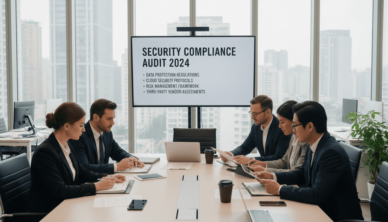 Compliance professionals reviewing security and regulatory documentation together