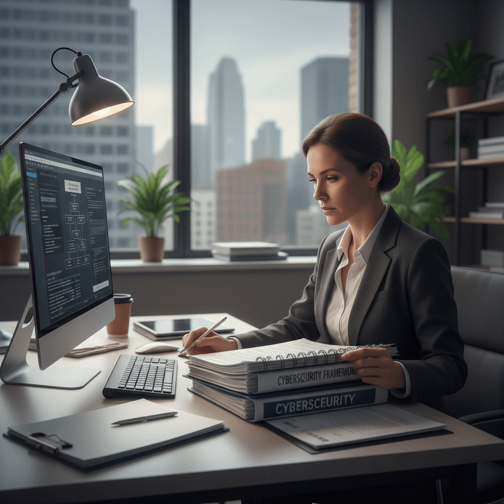 Compliance professional reviewing CMMC documentation and framework guidelines