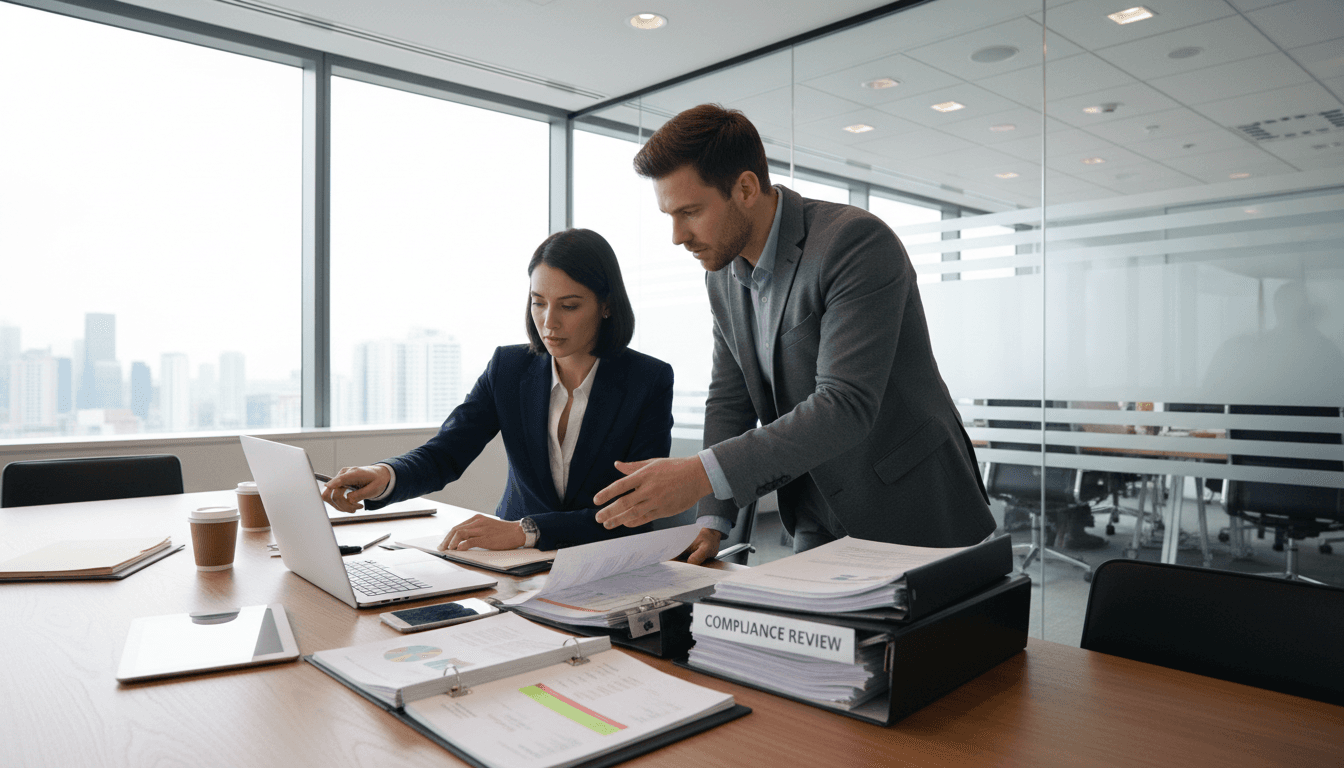 Professional consultants reviewing compliance documentation during a business meeting