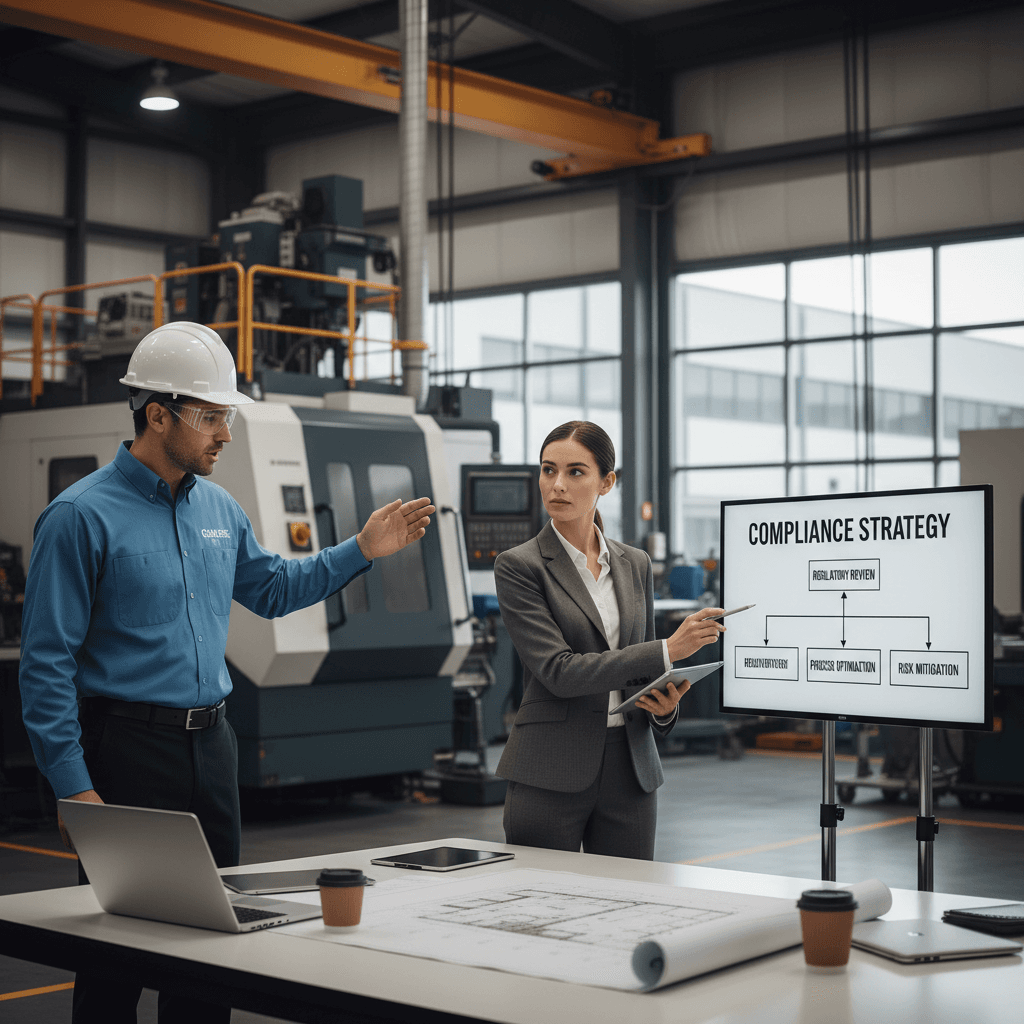 Manufacturing manager meeting with compliance consultant to discuss readiness plan