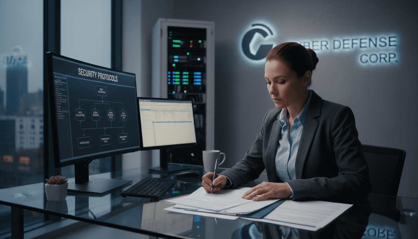 Cybersecurity analyst reviewing compliance documentation