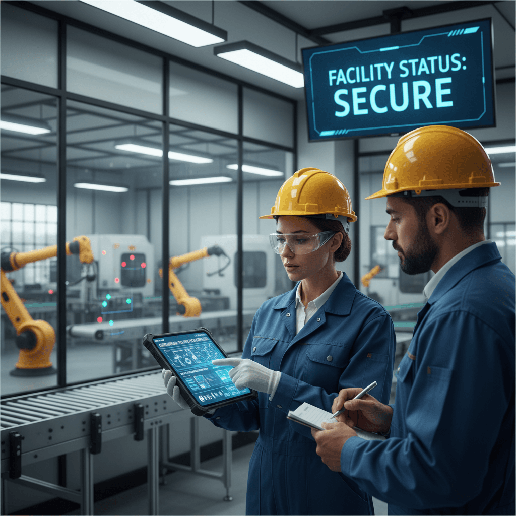 Manufacturing business leader reviewing operational security and compliance requirements