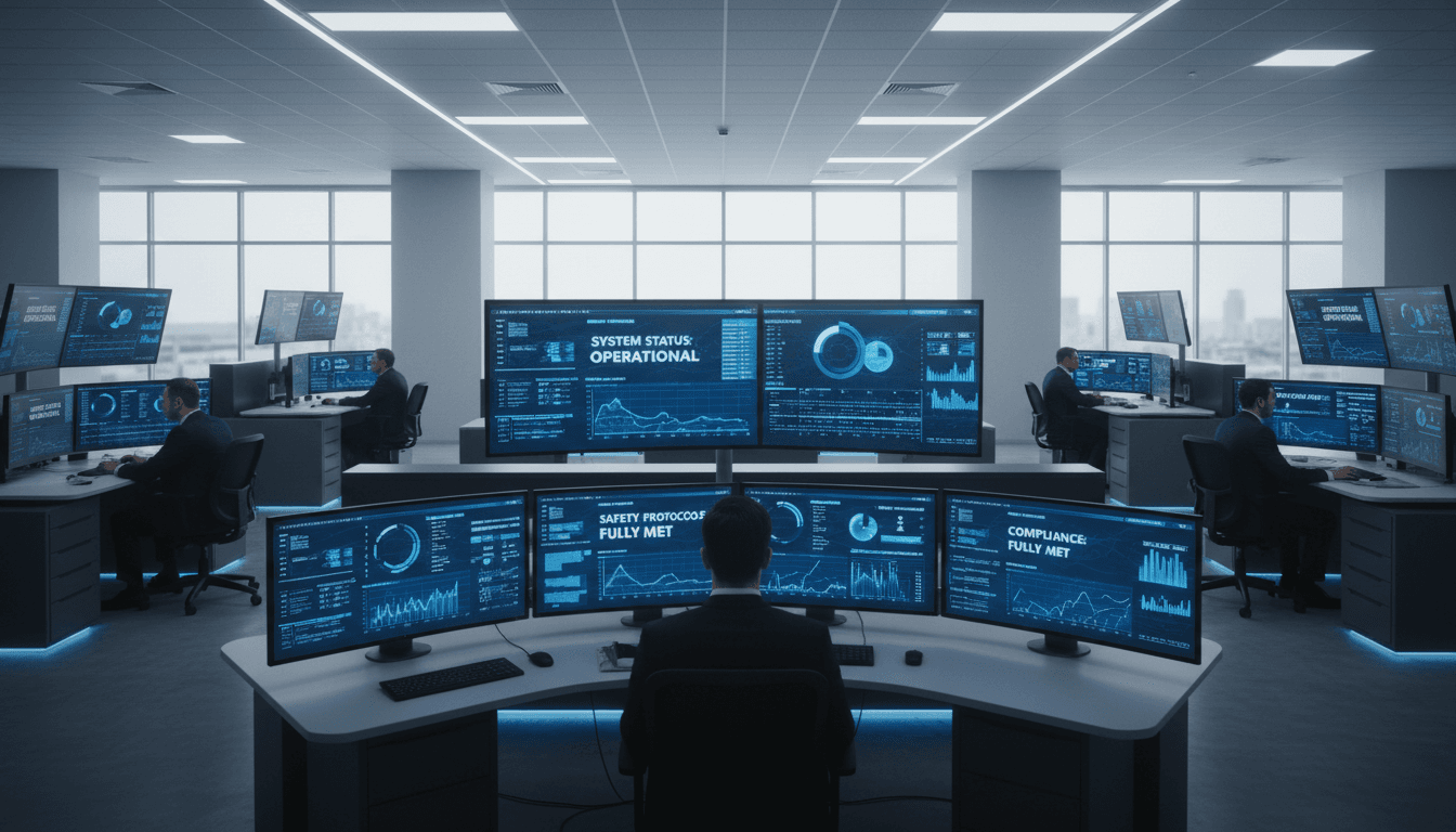 Manufacturing engineer reviewing compliance data on control room monitors in an industrial facility