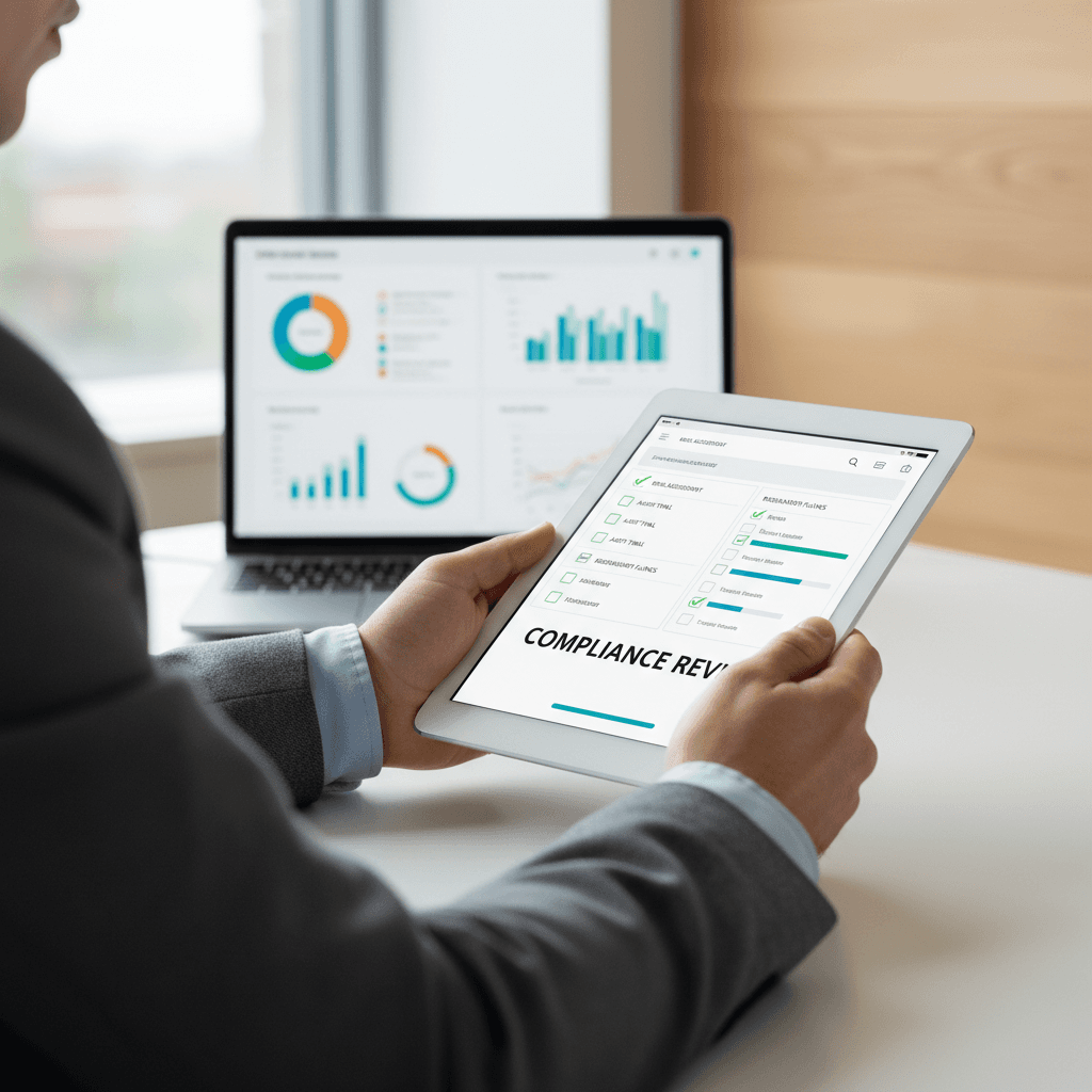 Professional conducting CMMC 2.0 compliance review at office desk