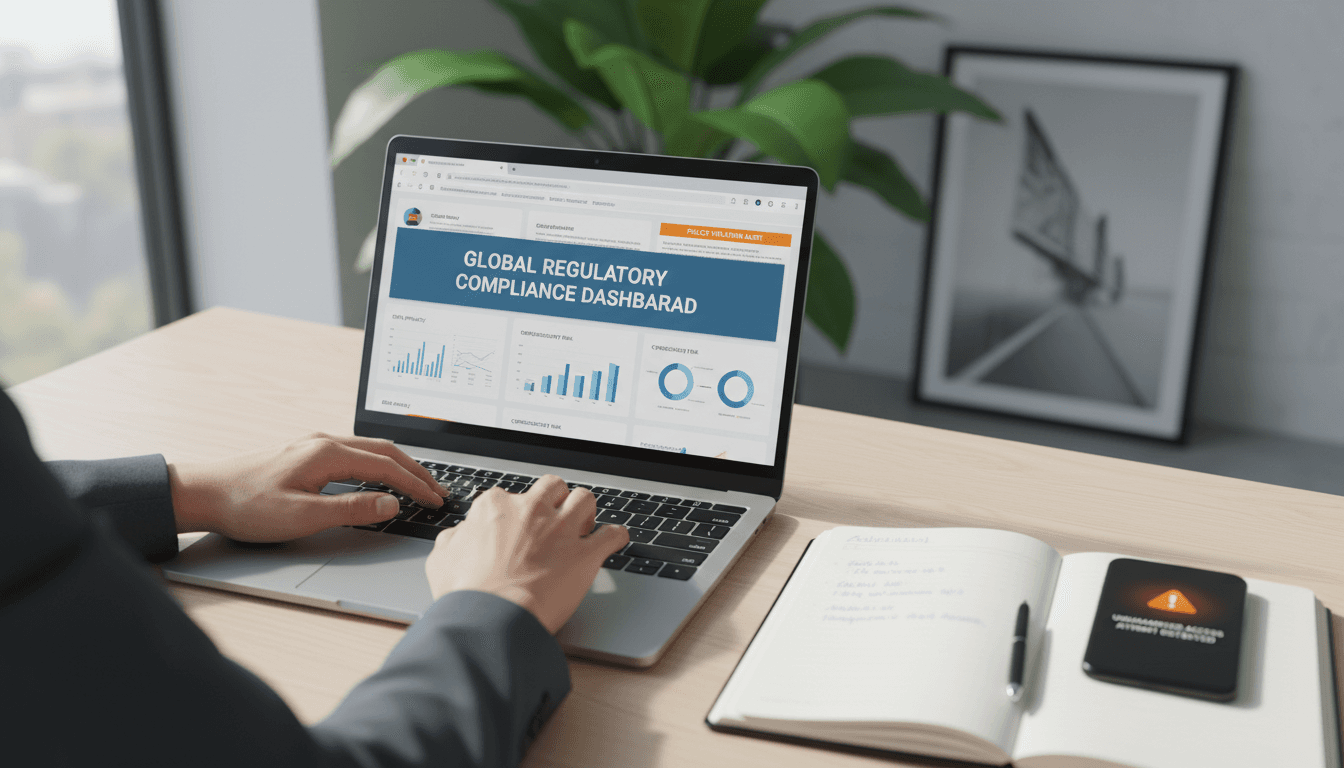 Laptop screen displaying CMMC compliance audit dashboard in a professional office setting