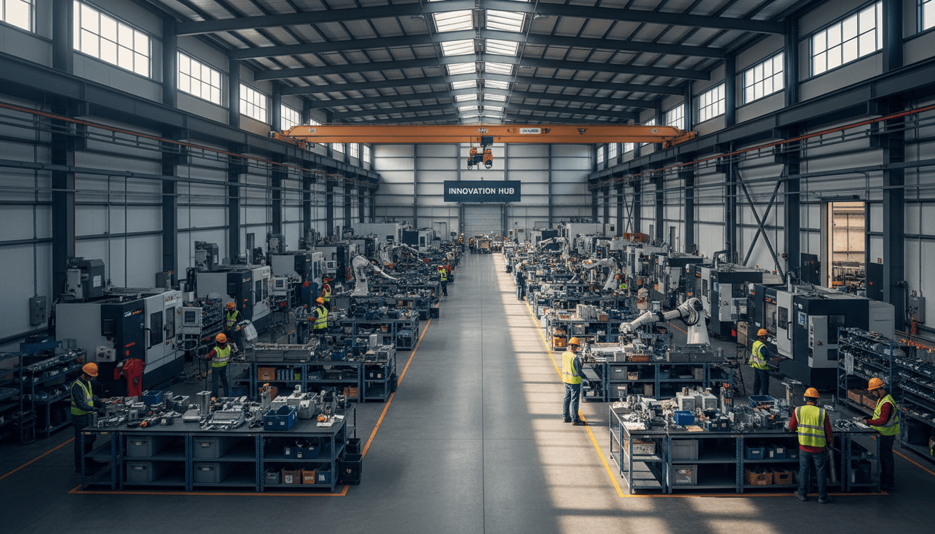 Panoramic view of modern industrial manufacturing facility with machinery, workers, and organized production stations