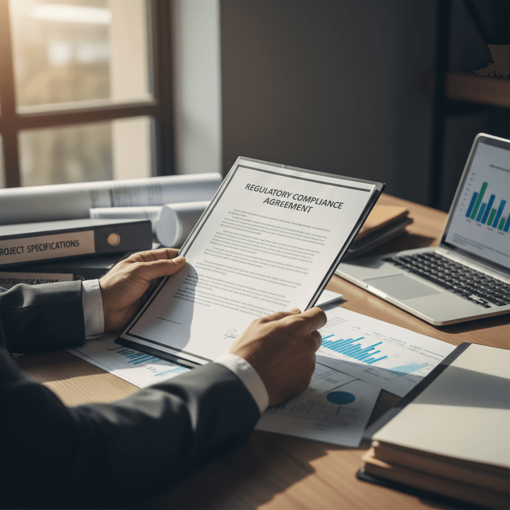 Professional reviewing compliance documents at a desk in a focused workspace